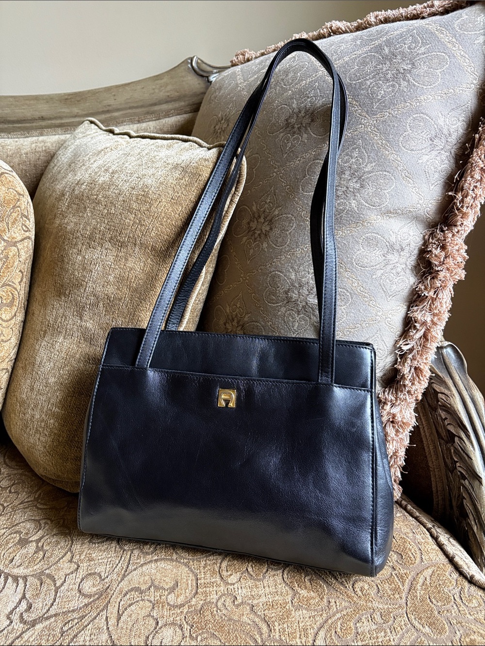 Etienne Aigner Black Leather Shoulder Bag with Gold Hardware